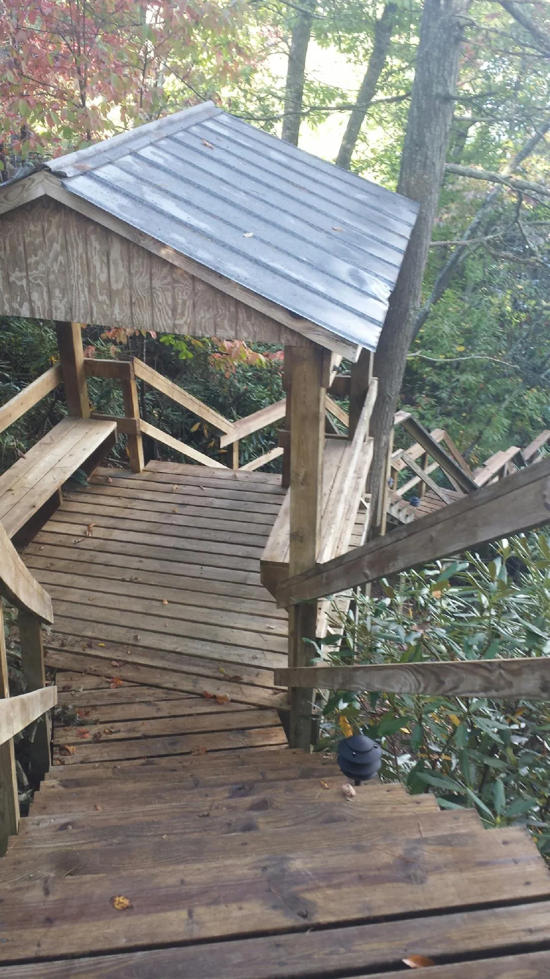 Metal roofed shelter over wooden steps on a wooded walkway — Skylight Repair & Installation work by our crew in Manley